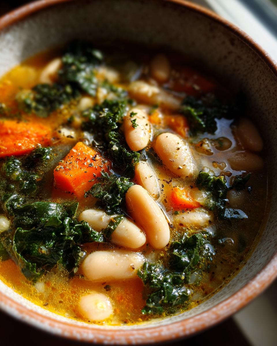 Close-up of a bowl of Tuscan White Bean & Kale Soup, with beans, kale, and carrots.