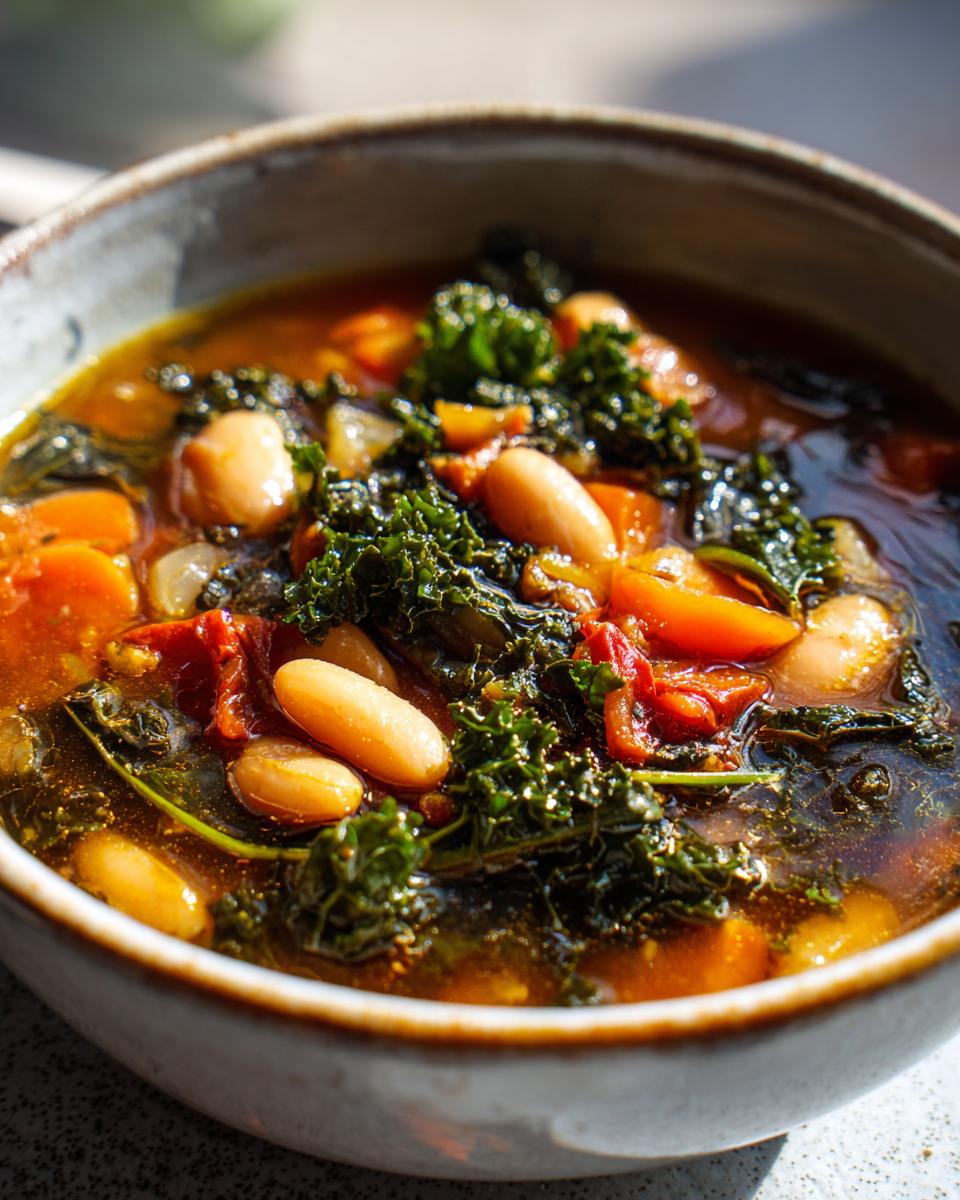 Close-up of a bowl of Tuscan White Bean & Kale Soup, with beans, kale, and vegetables.