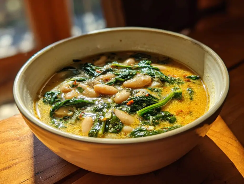 A bowl of Tuscan White Bean & Spinach Soup, with white beans and spinach.