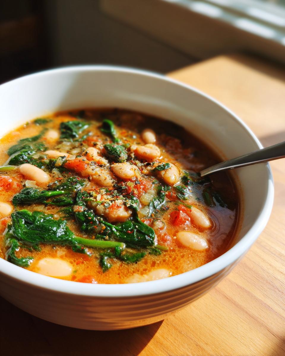 Close-up of a bowl of Tuscan White Bean & Spinach Soup, with white beans, spinach, and tomatoes.