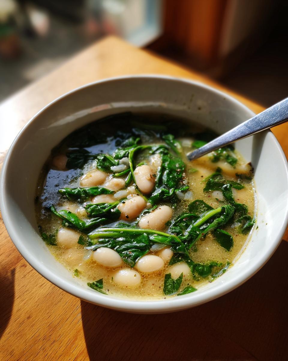 Close-up of a bowl of Tuscan White Bean & Spinach Soup with a spoon, on a wooden table.