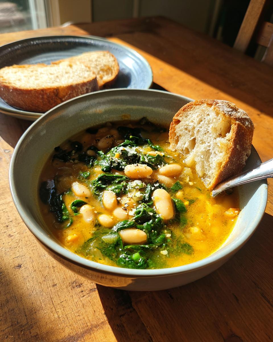 Bowl of Tuscan White Bean & Spinach Soup with crusty bread for dipping, a delicious and healthy meal.