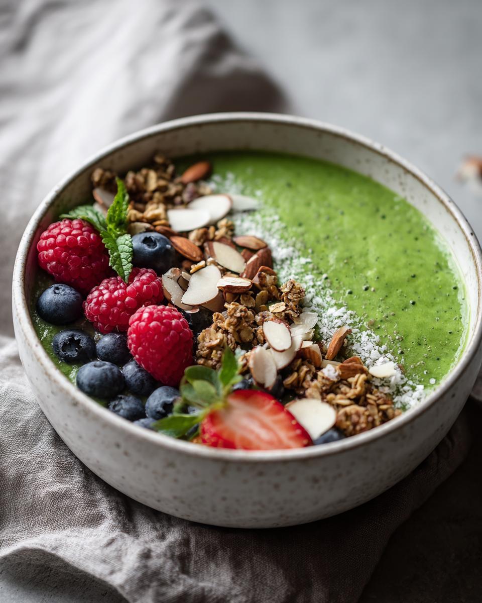 Close-up of an Ultra-Green Detox Smoothie Bowl topped with fresh berries, granola, almonds, and coconut flakes.