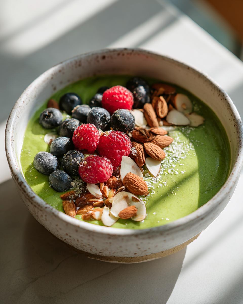 A vibrant Ultra-Green Detox Smoothie Bowl topped with fresh blueberries, raspberries, almonds, and granola.