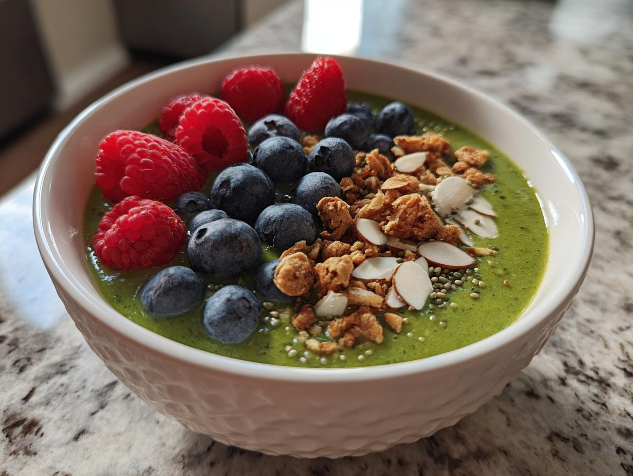A vibrant Ultra-Green Detox Smoothie Bowl topped with fresh raspberries, blueberries, granola, and sliced almonds.