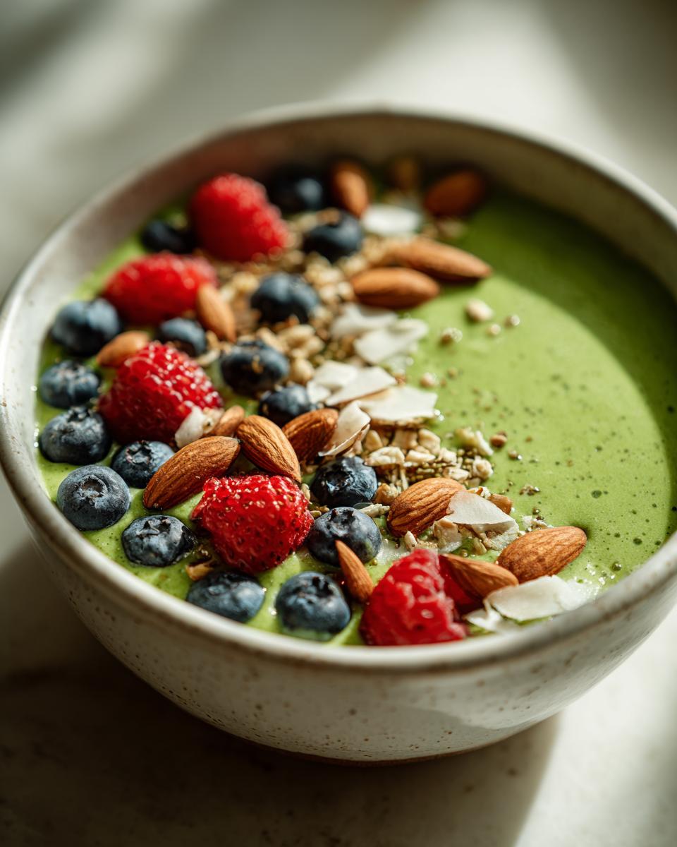 A vibrant Ultra-Green Detox Smoothie Bowl topped with fresh blueberries, raspberries, almonds, and coconut flakes.