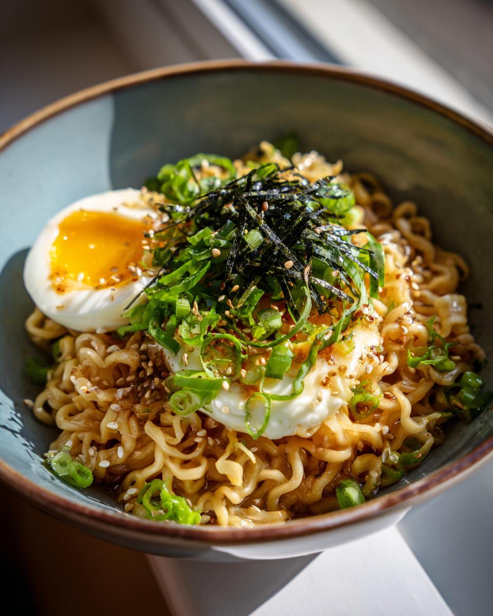 Upgraded Ramen Bowl: 10-Minute Deliciousness! 10 Close-up of an upgraded ramen bowl with garlic butter, soft boiled egg, and green onions.
