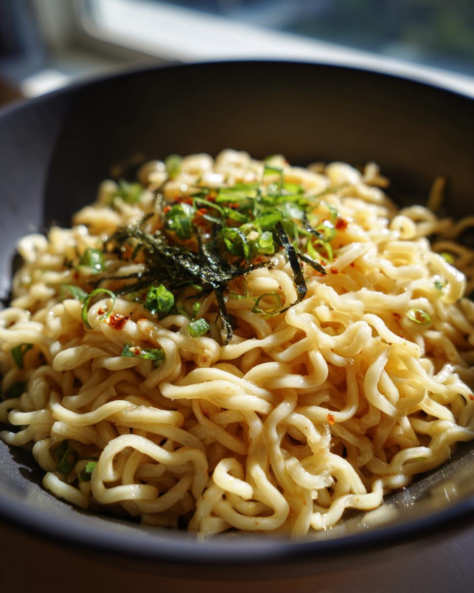 Upgraded Ramen Bowl: 10-Minute Deliciousness! 8 Close-up of an Upgraded Ramen Bowl with garlic butter, topped with seaweed and green onions.