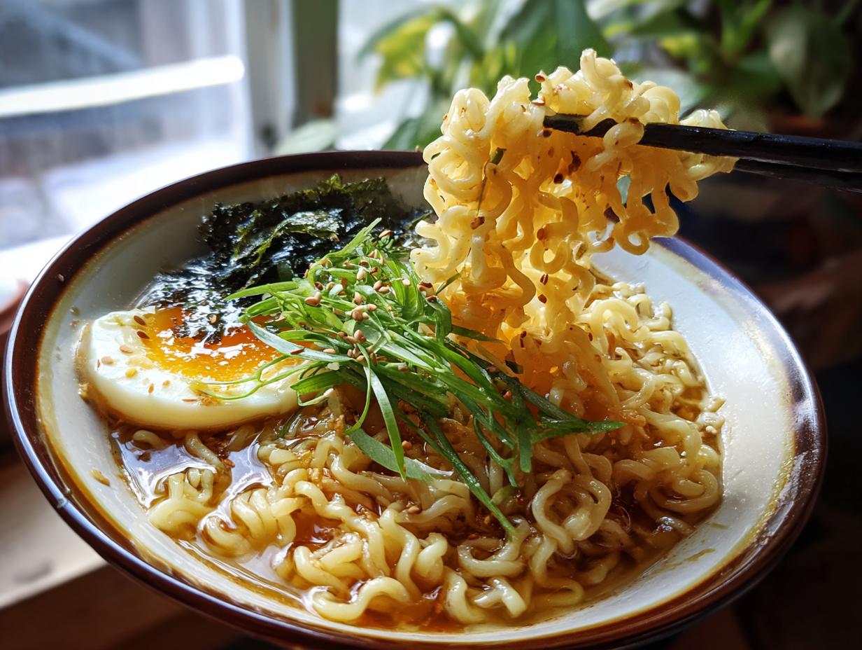 Close-up of an upgraded ramen bowl with noodles, egg, seaweed, and green onions. The Upgraded Ramen Bowl with Garlic Butter is delicious.