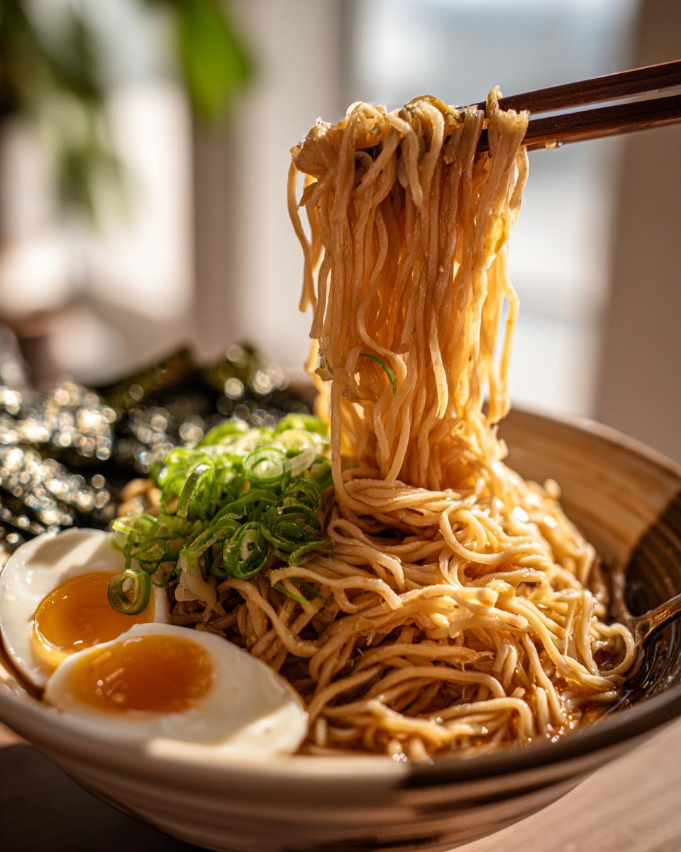 Upgraded Ramen Bowl: 10-Minute Deliciousness! 9 Close-up of an Upgraded Ramen Bowl with garlic butter, noodles, egg, and green onions.