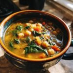 Close-up of a bowl of Vegan Chickpea & Spinach Soup, with chickpeas, spinach, and carrots.