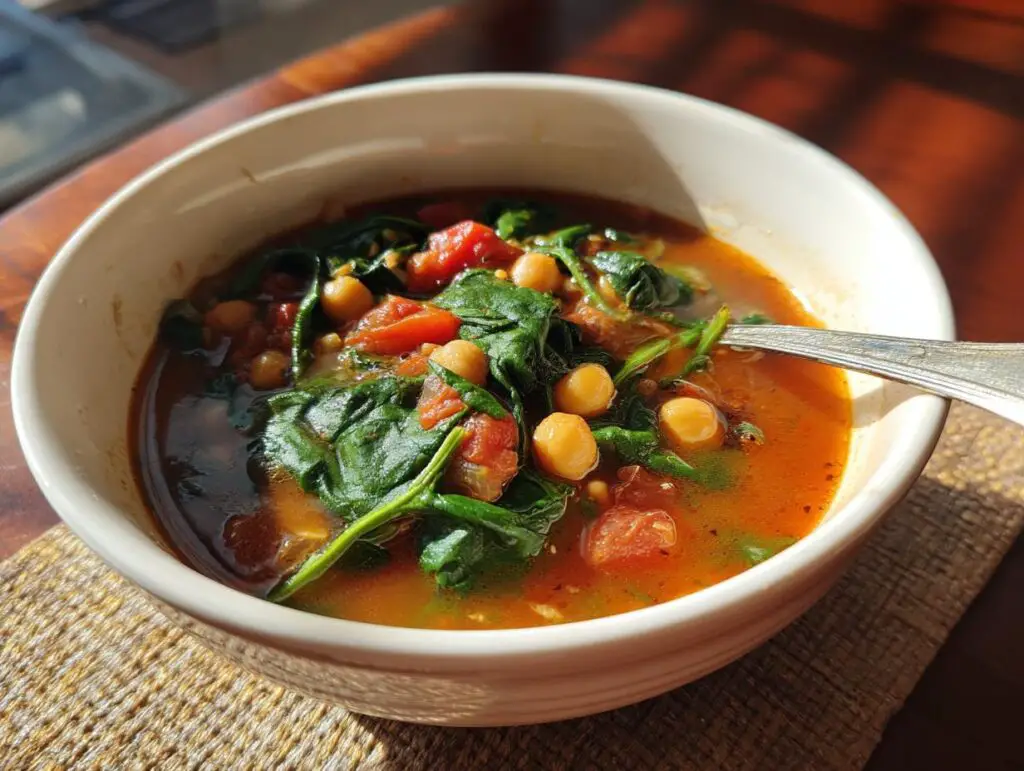Close-up of a bowl of Vegan Chickpea & Spinach Soup with chickpeas, spinach, and tomatoes.