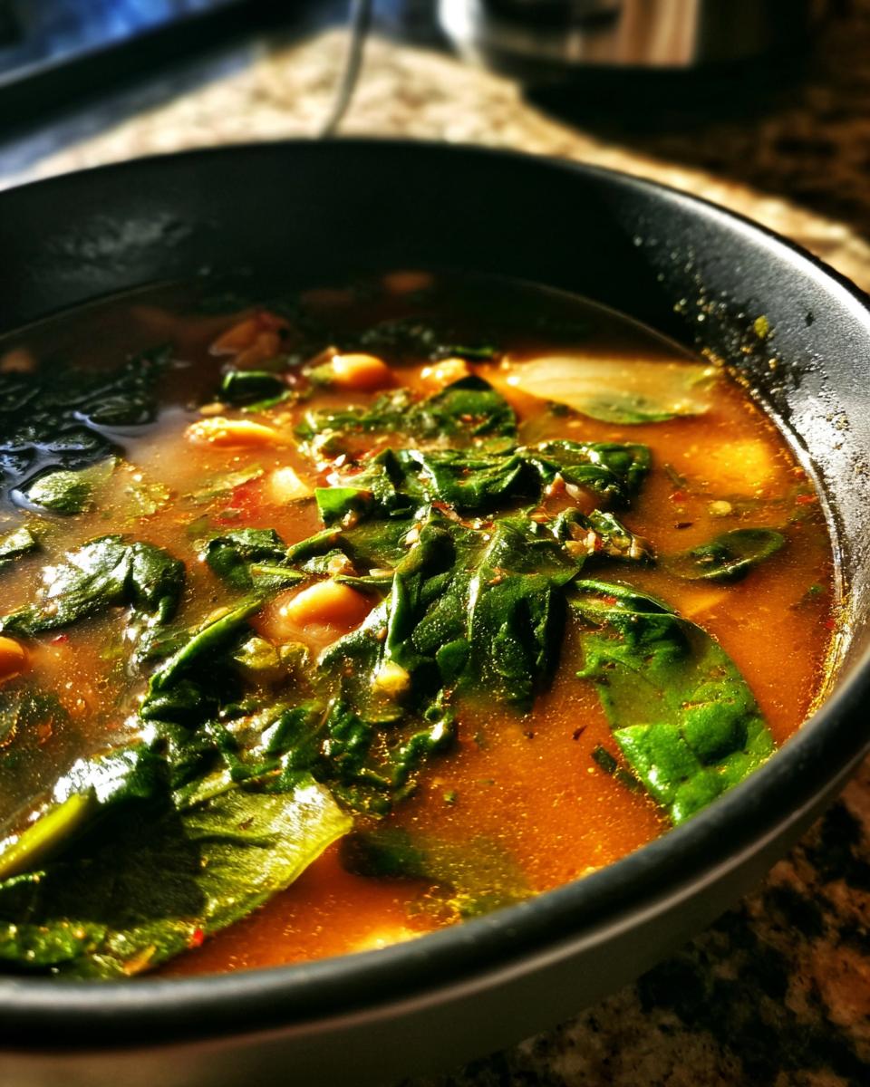 Close-up of a bowl of Vegan Chickpea & Spinach Soup with fresh spinach and chickpeas.