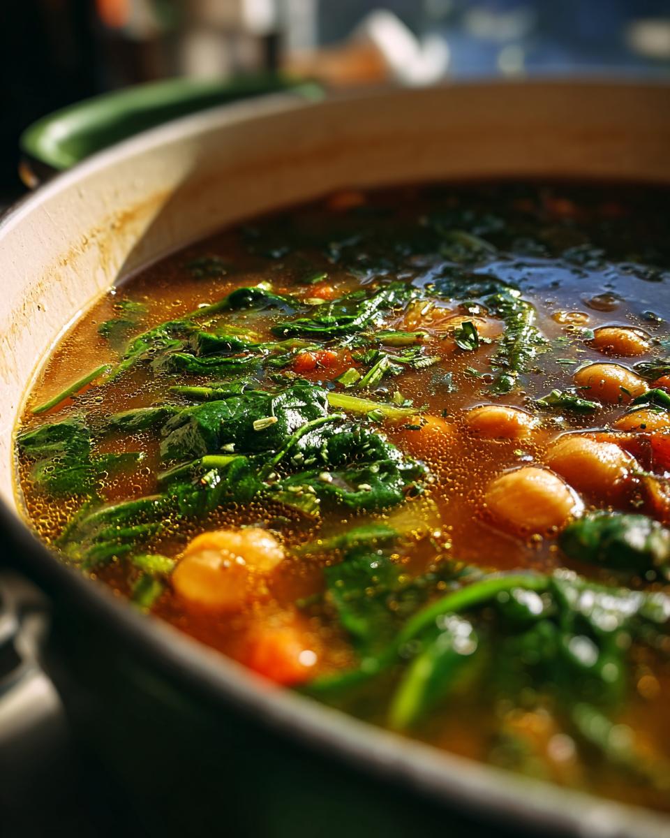 Close-up of a pot of Vegan Chickpea & Spinach Soup, showing chickpeas, spinach, and broth.