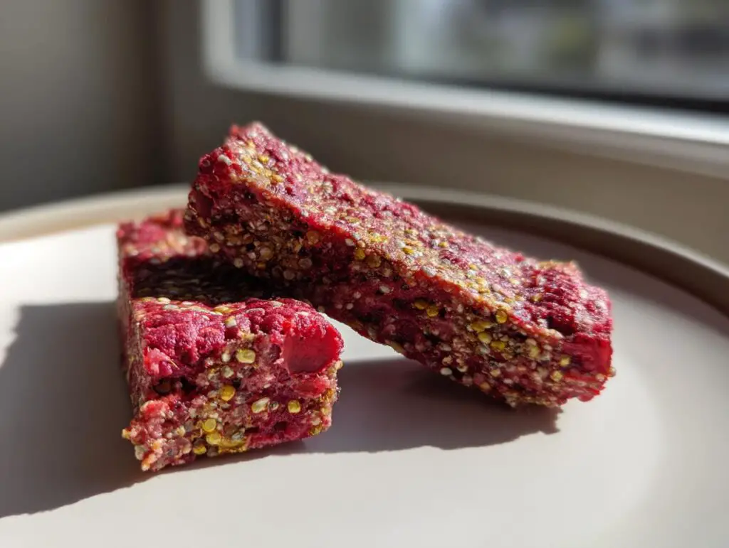 Close-up of two Vegan Raspberry Chia Breakfast Bars on a plate, showing the texture and ingredients.