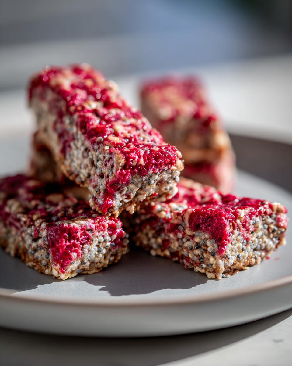 Close-up of Vegan Raspberry Chia Breakfast Bars stacked on a plate, showing the texture and ingredients.