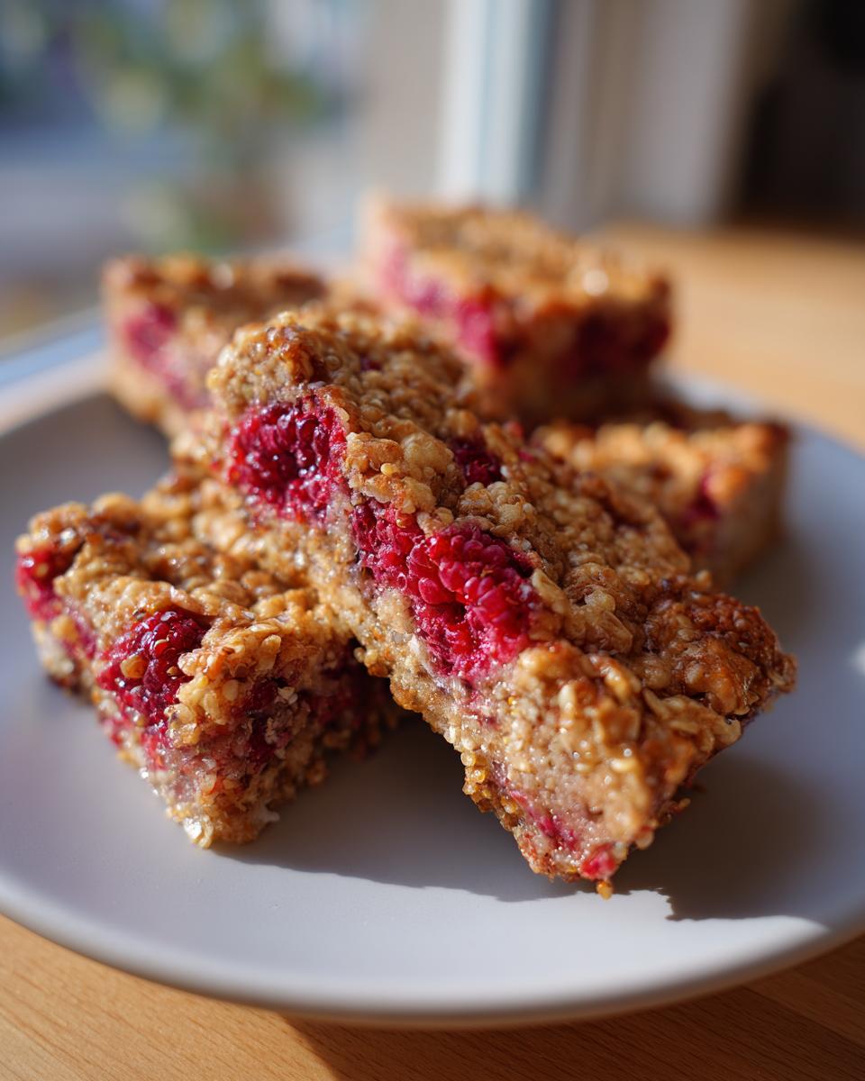 Close-up of Vegan Raspberry Chia Breakfast Bars on a plate, showing the raspberry filling.