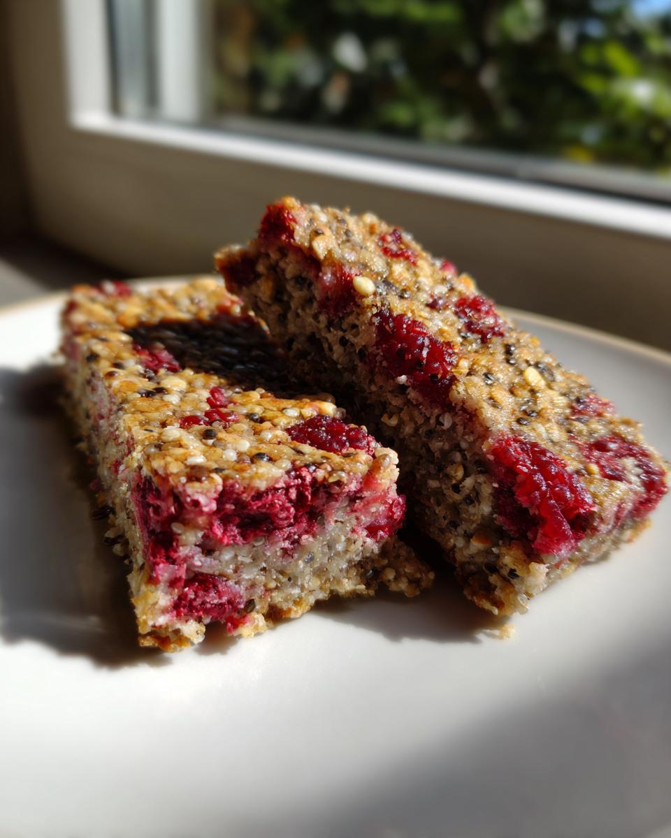 Close-up of two Vegan Raspberry Chia Breakfast Bars on a white plate, showing the texture and ingredients.