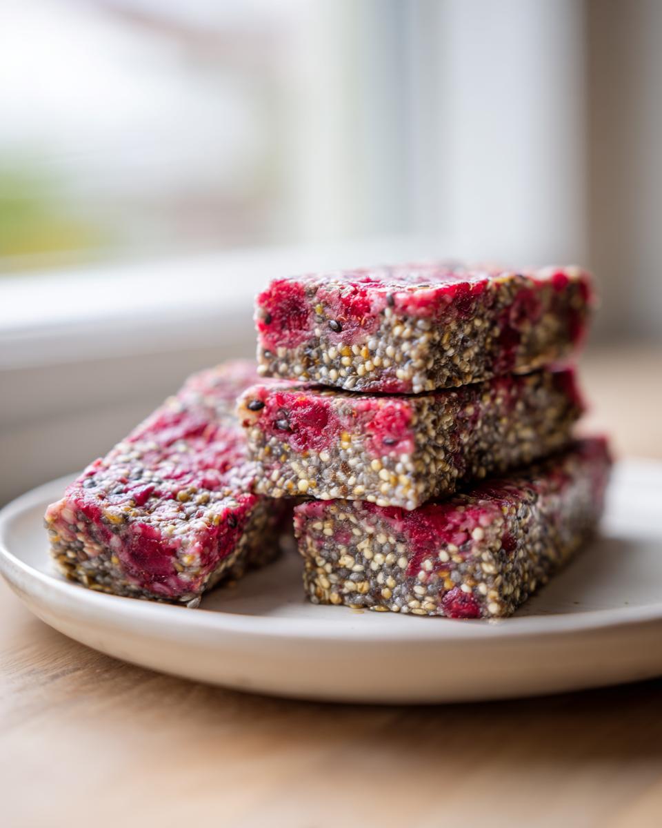 Close-up of stacked Vegan Raspberry Chia Breakfast Bars on a white plate.