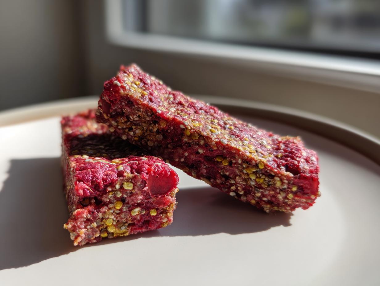 Close-up of two Vegan Raspberry Chia Breakfast Bars on a plate, showing the texture and ingredients.