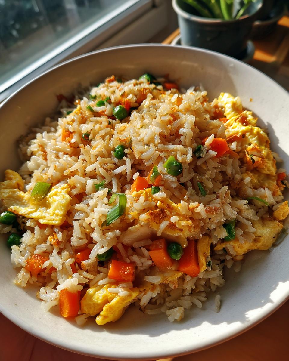 A bowl of Easy Veggie Fried Rice with Egg, featuring rice, vegetables, and scrambled egg.