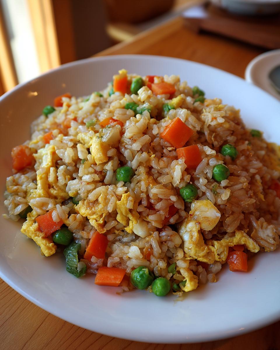 A plate of Easy Veggie Fried Rice with Egg, with carrots, peas, and scrambled egg.