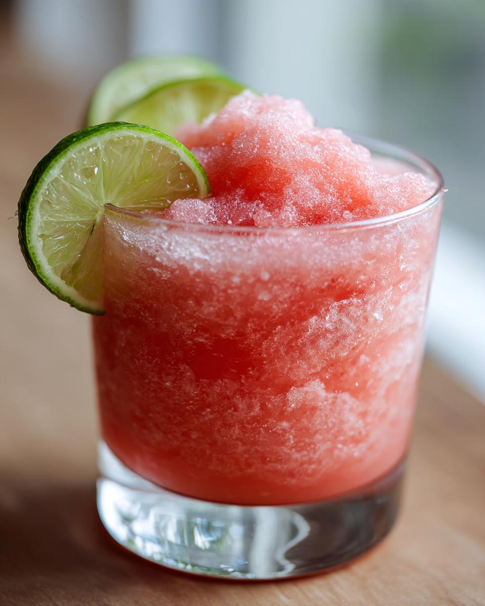 A close-up of a Watermelon Margarita Sorbet Float in a glass, garnished with lime.