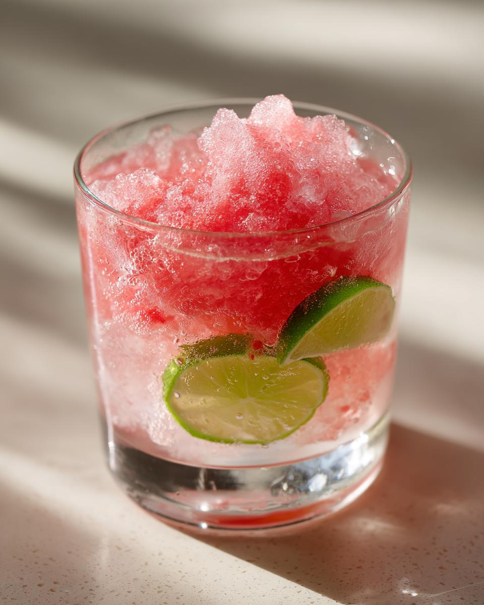 Close-up of a Watermelon Margarita Sorbet Float with lime slices.