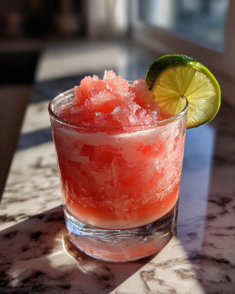 A vibrant Watermelon Margarita Sorbet Float in a glass, garnished with a lime slice.