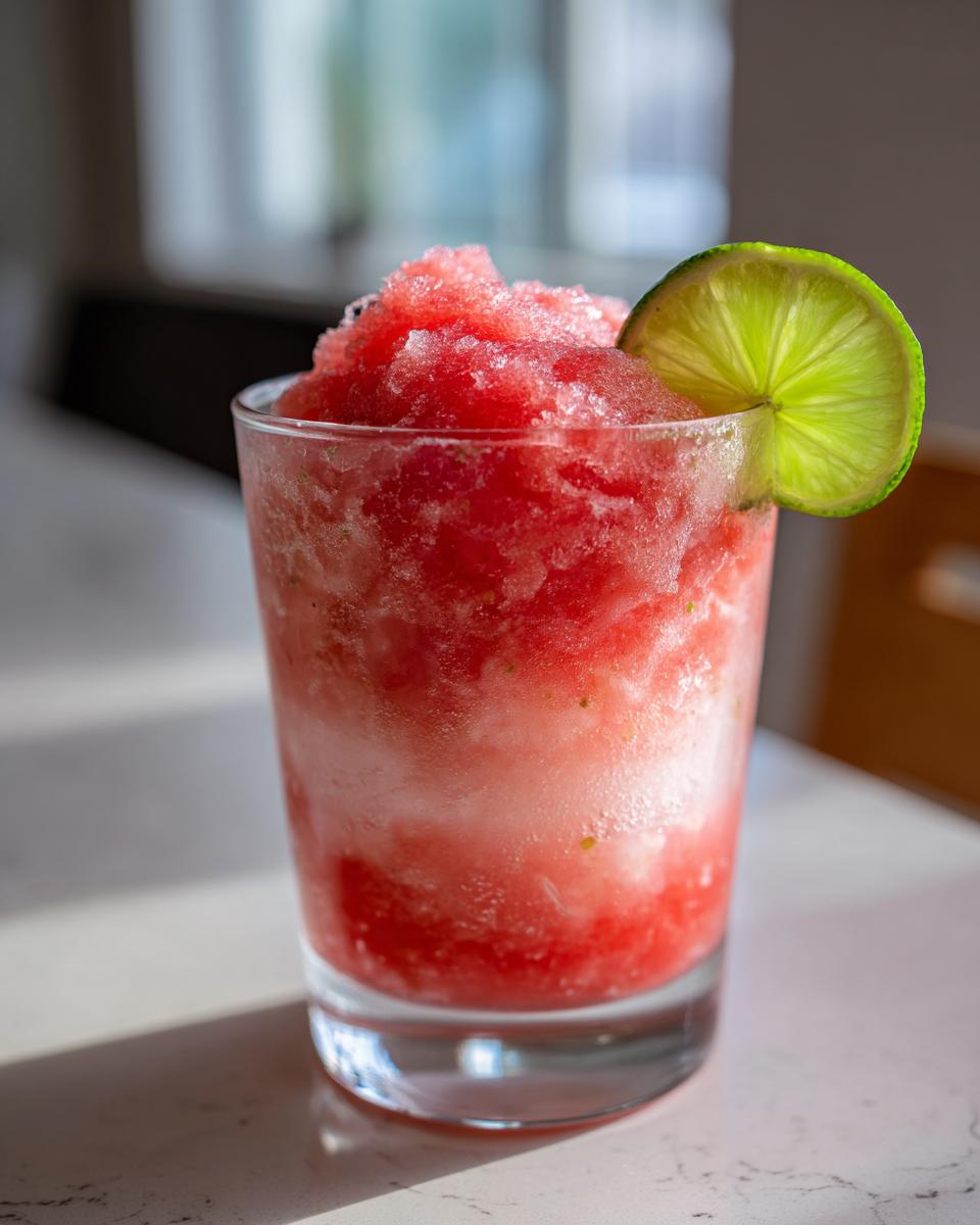 A vibrant Watermelon Margarita Sorbet Float in a glass, garnished with lime.