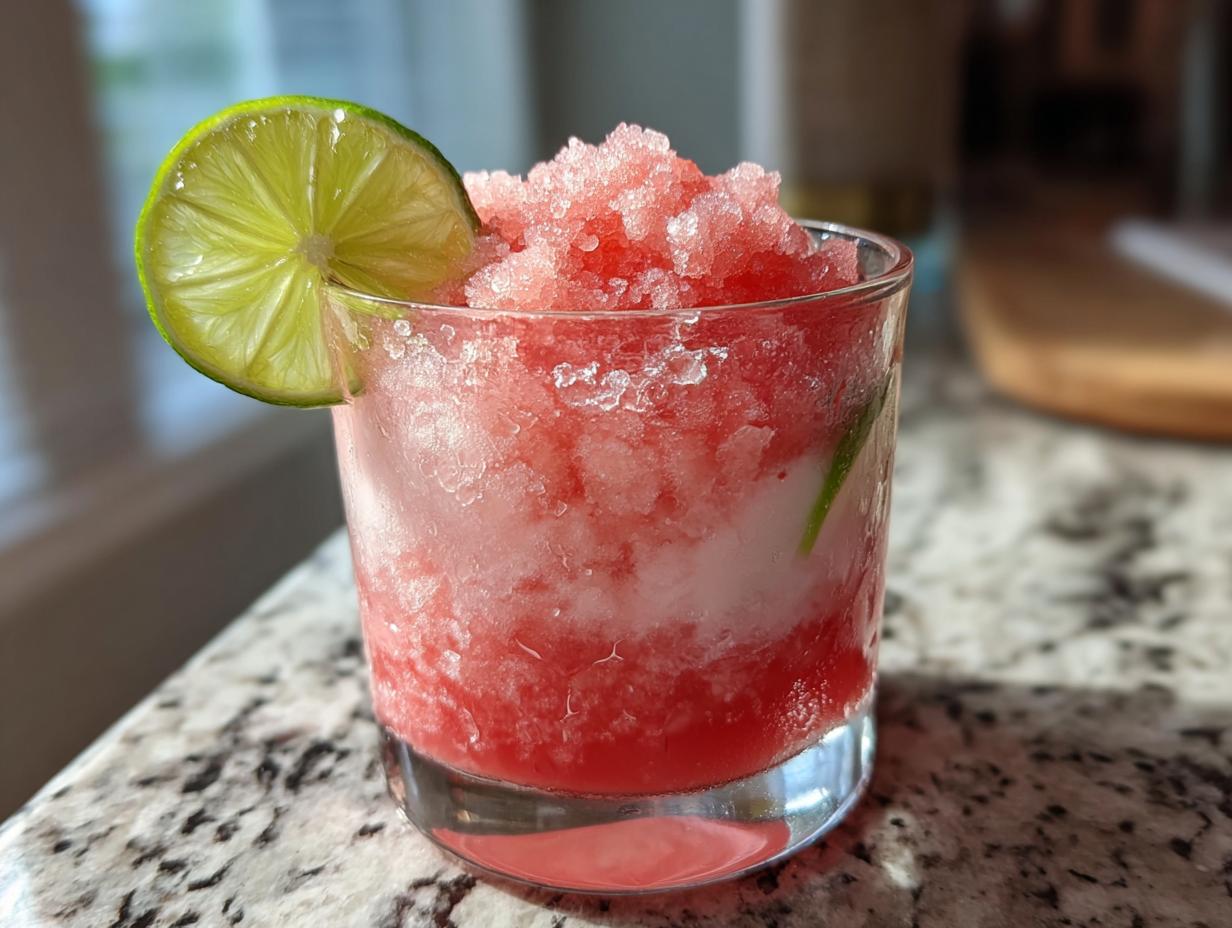 Close-up of a Watermelon Margarita Sorbet Float in a glass, garnished with a lime slice.