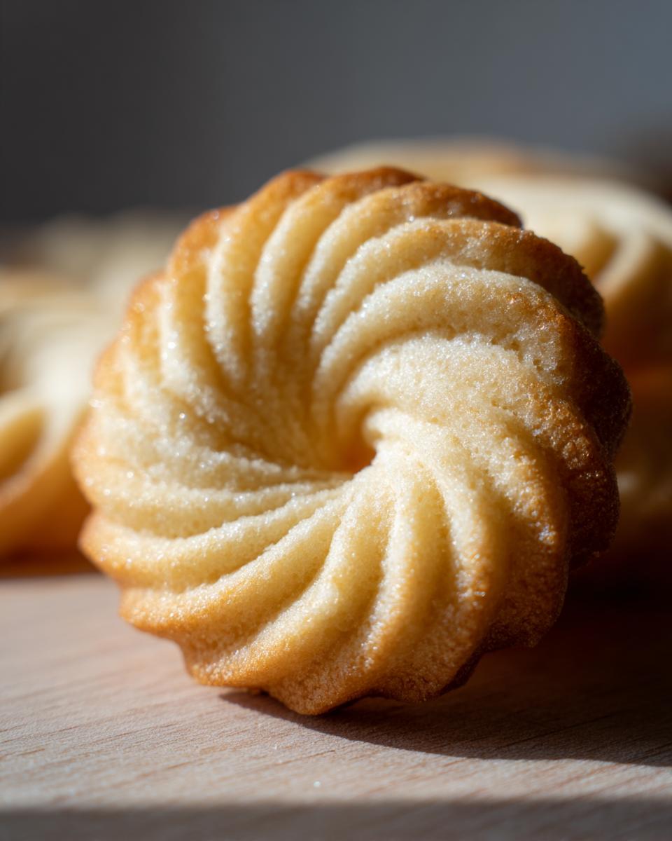 Close-up of a perfectly baked, golden-brown Whipped Shortbread Cookie with a swirled pattern.