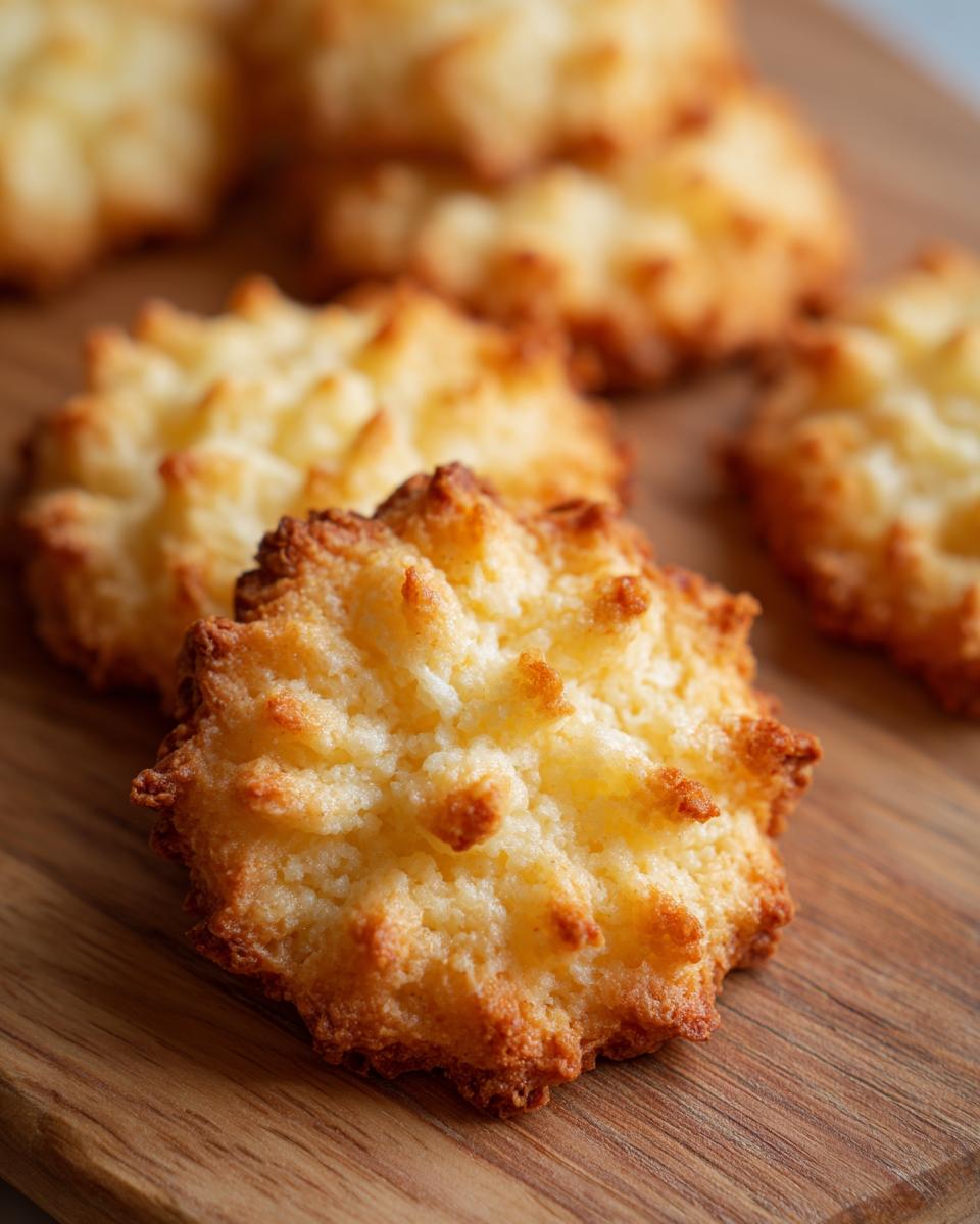 Close-up of golden brown Whipped Shortbread Cookies with a textured surface, arranged on a wooden board.