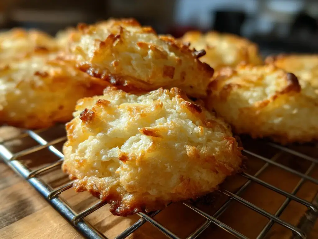 Close-up of golden brown Whipped Shortbread Cookies piled on a cooling rack.