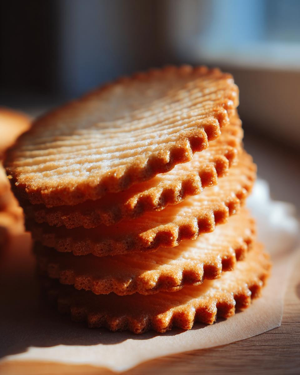 A close-up stack of perfectly baked, golden-brown whipped shortbread cookies with fluted edges.