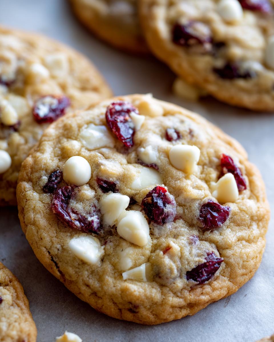 Close-up of a White Chocolate Cranberry Oatmeal Cookie with white chocolate chips and dried cranberries.