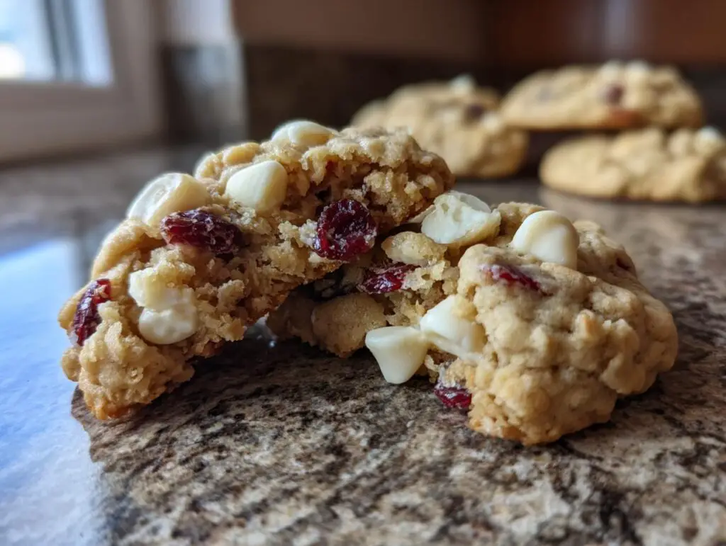 Close-up of a White Chocolate Cranberry Oatmeal Cookie, showing the texture and ingredients.