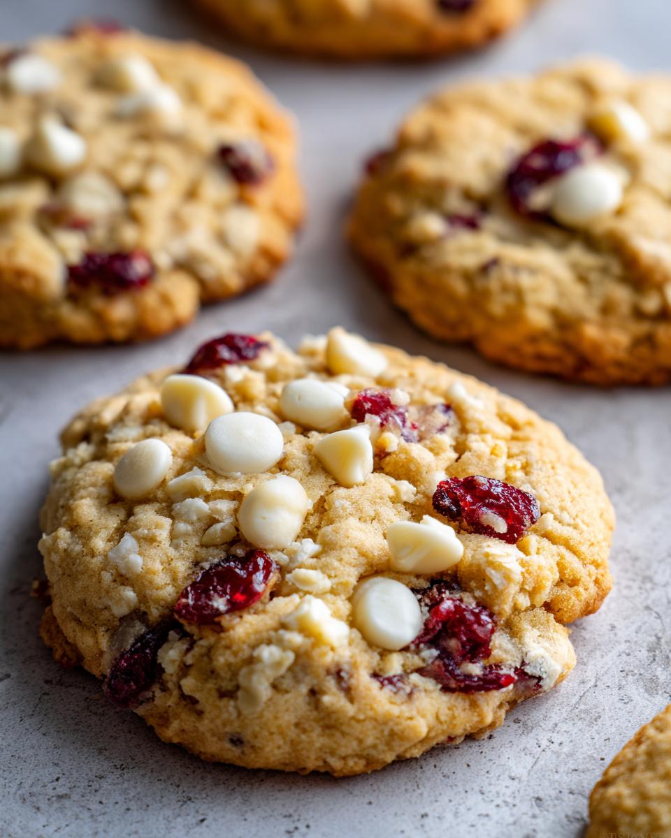 Close-up of delicious White Chocolate Cranberry Oatmeal Cookies with white chocolate chips and cranberries.