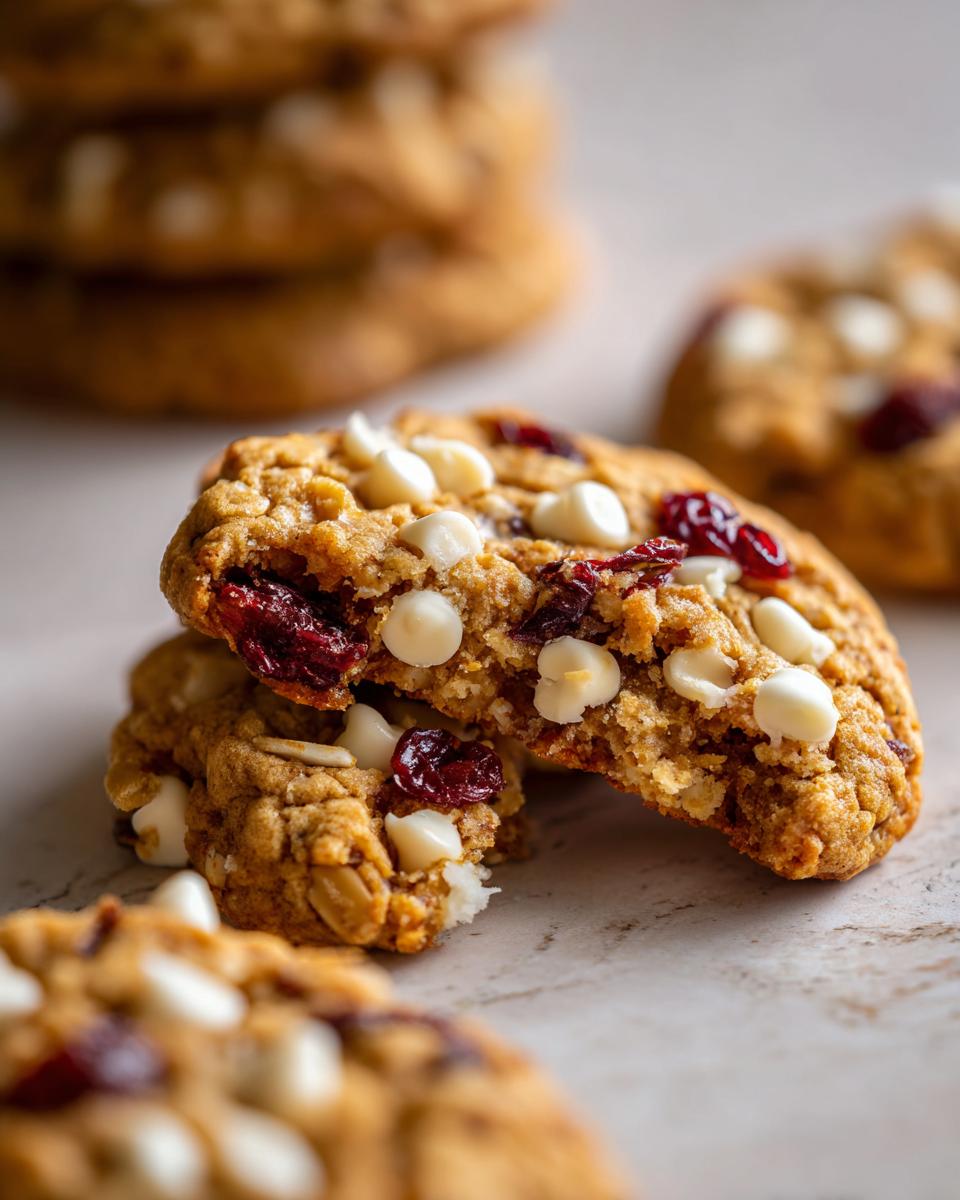 Close-up of a White Chocolate Cranberry Oatmeal Cookie broken in half, showing the texture and ingredients.