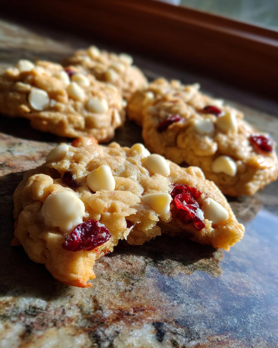 Close-up of White Chocolate Cranberry Oatmeal Cookies with white chocolate chips and dried cranberries.