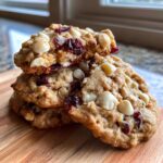 Close-up of a stack of White Chocolate Cranberry Oatmeal Cookies on a wooden board.