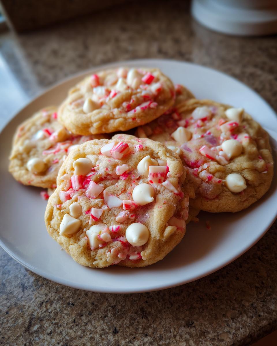 Pile of delicious White Chocolate Peppermint Crunch Cookies on a plate, with white chocolate chips and crushed peppermint.