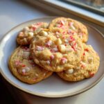 Pile of delicious White Chocolate Peppermint Crunch Cookies on a plate, with white chocolate chips and crushed peppermint.