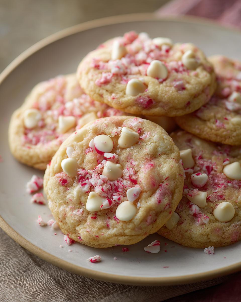 A stack of White Chocolate Peppermint Crunch Cookies on a plate, with white chocolate chips and crushed peppermint.