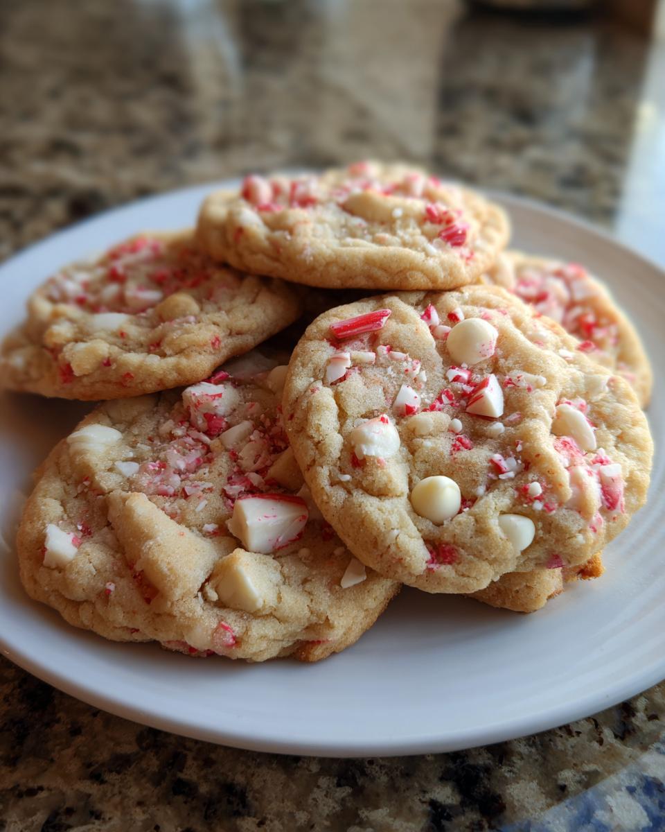 A stack of freshly baked White Chocolate Peppermint Crunch Cookies on a white plate.