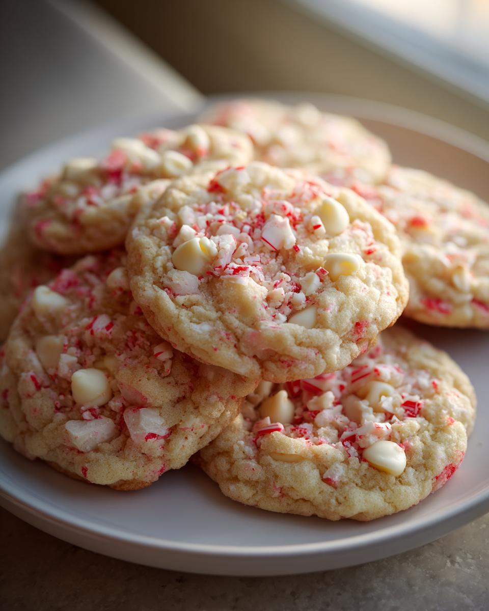Close-up of a plate of White Chocolate Peppermint Crunch Cookies, showing the peppermint and white chocolate chips.