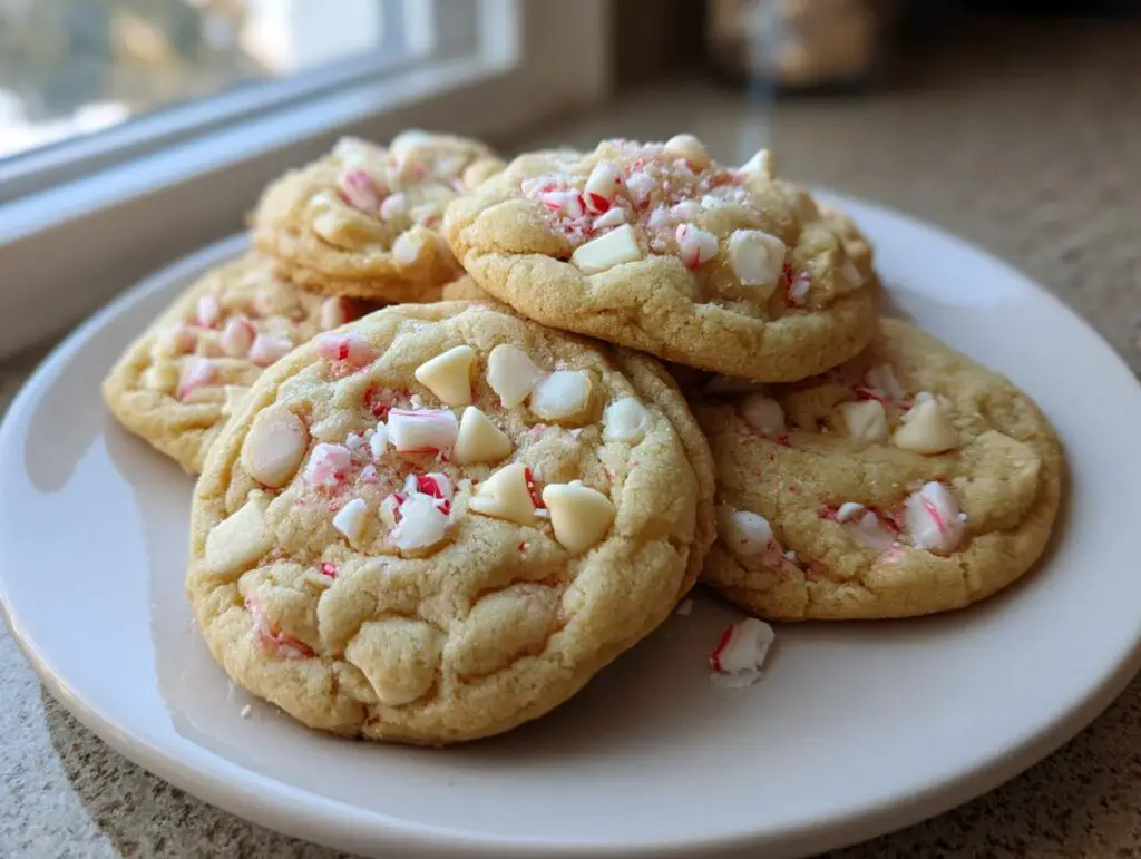 Close-up of several White Chocolate Peppermint Crunch Cookies on a white plate, perfect for the holidays.