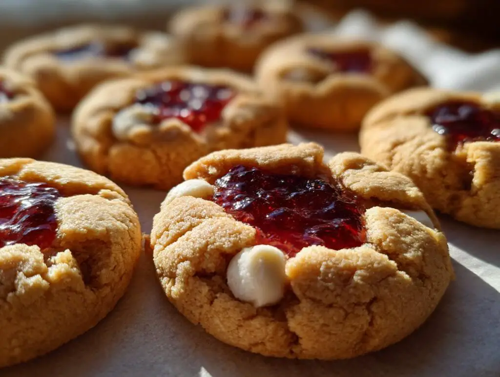 Close-up of White Chocolate Raspberry Thumbprint Cookies with jam and white chocolate chips.