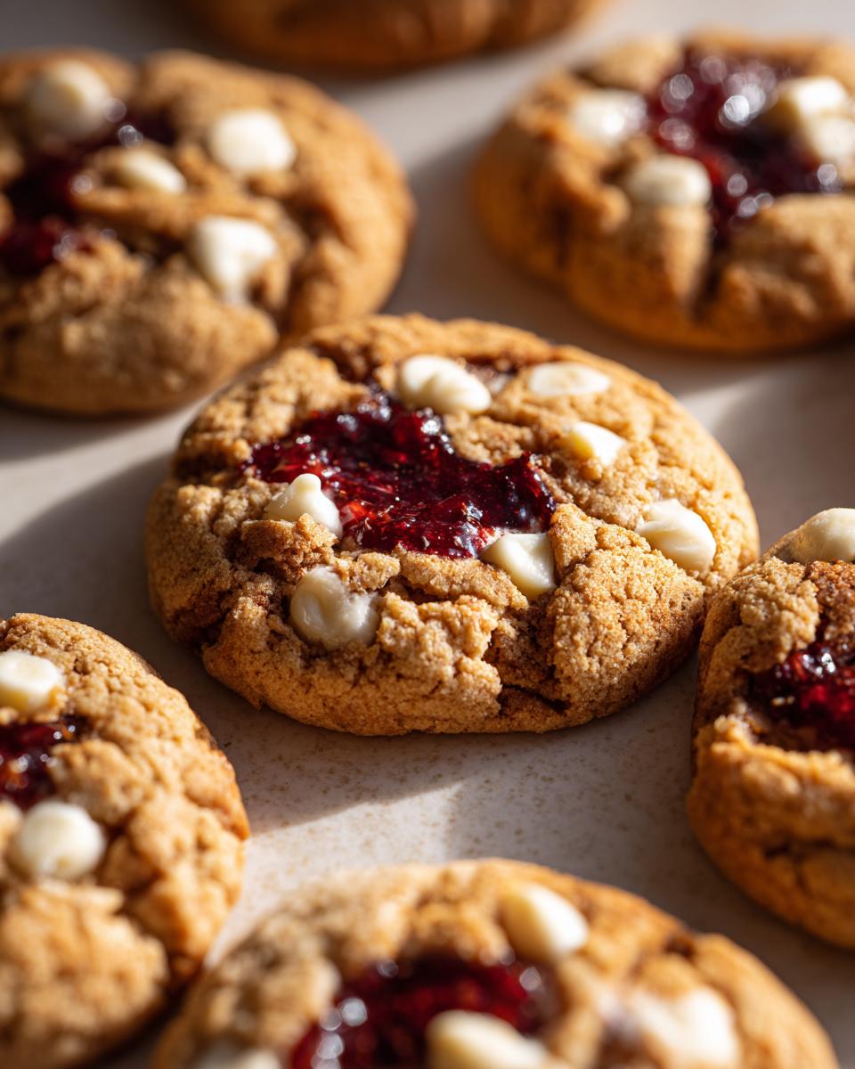 Close-up of delicious White Chocolate Raspberry Thumbprint Cookies with white chocolate chips and raspberry filling.