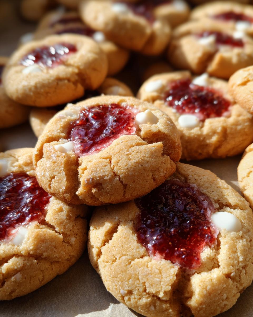 Close-up of White Chocolate Raspberry Thumbprint Cookies, filled with raspberry jam and white chocolate chips.